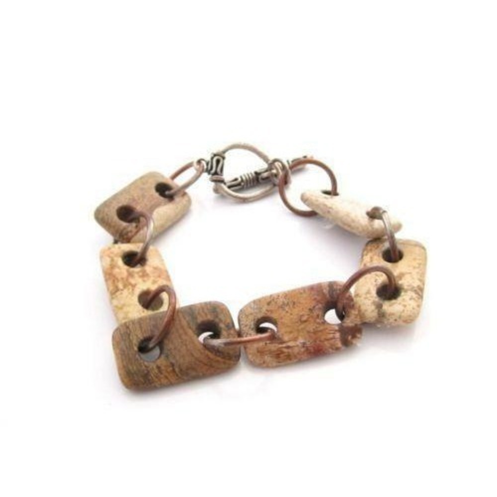 Unique Picture Jasper Rectangular Bead Copper Chain Link Toggle‎ Clasp Bracelet